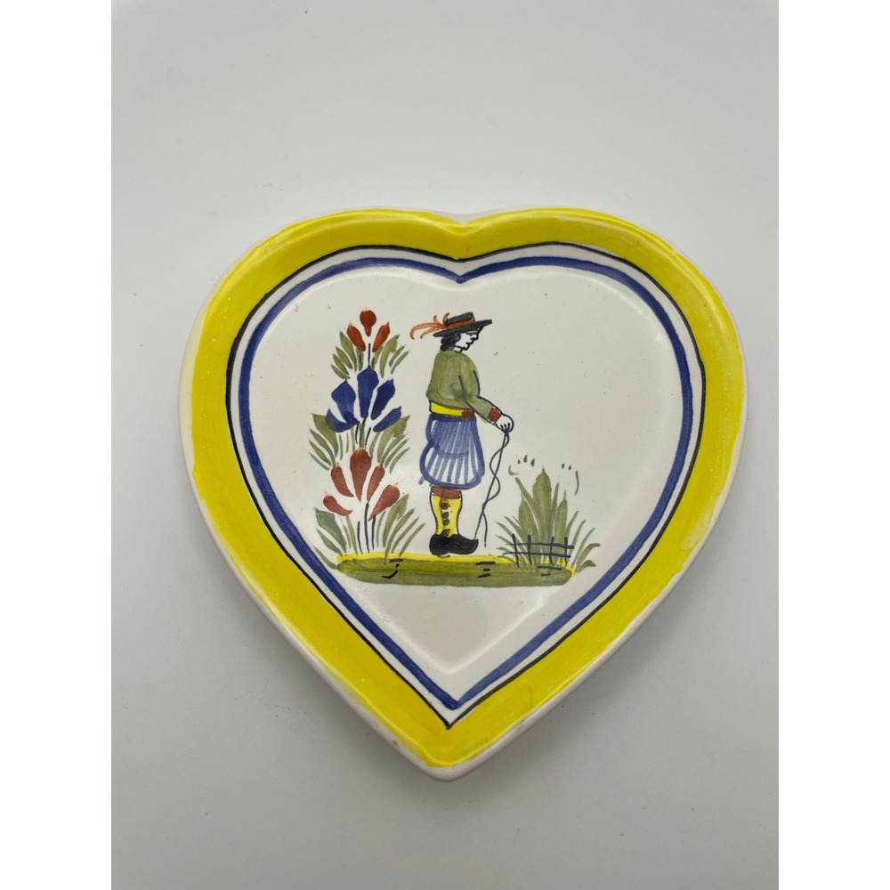 HB Henriot Quimper France Heart Dish Hand painted Breton Figure Faience Pottery